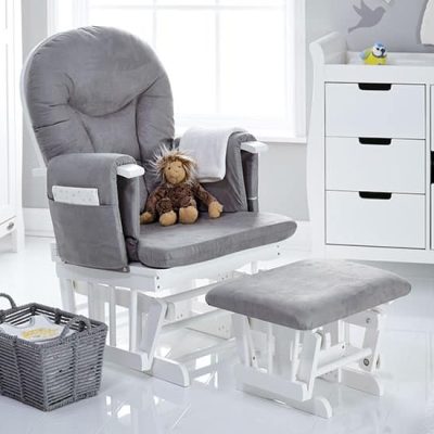 Obaby Reclining Glider Chair and Stool - White with Grey Cushions