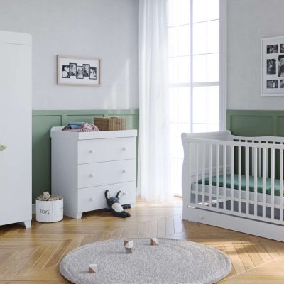 The Lydford Sleigh 4-piece Nursery Room Set with Underdrawer White