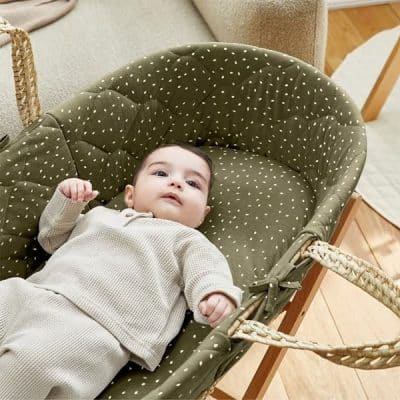 Little Green Sheep Natural Quilted Moses Basket, Mattress & Rocking Stand - Juniper Rice