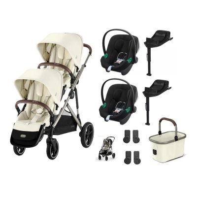 Cybex Gazelle S Twin Pushchair Seashell Beige with Car Seats and Bases