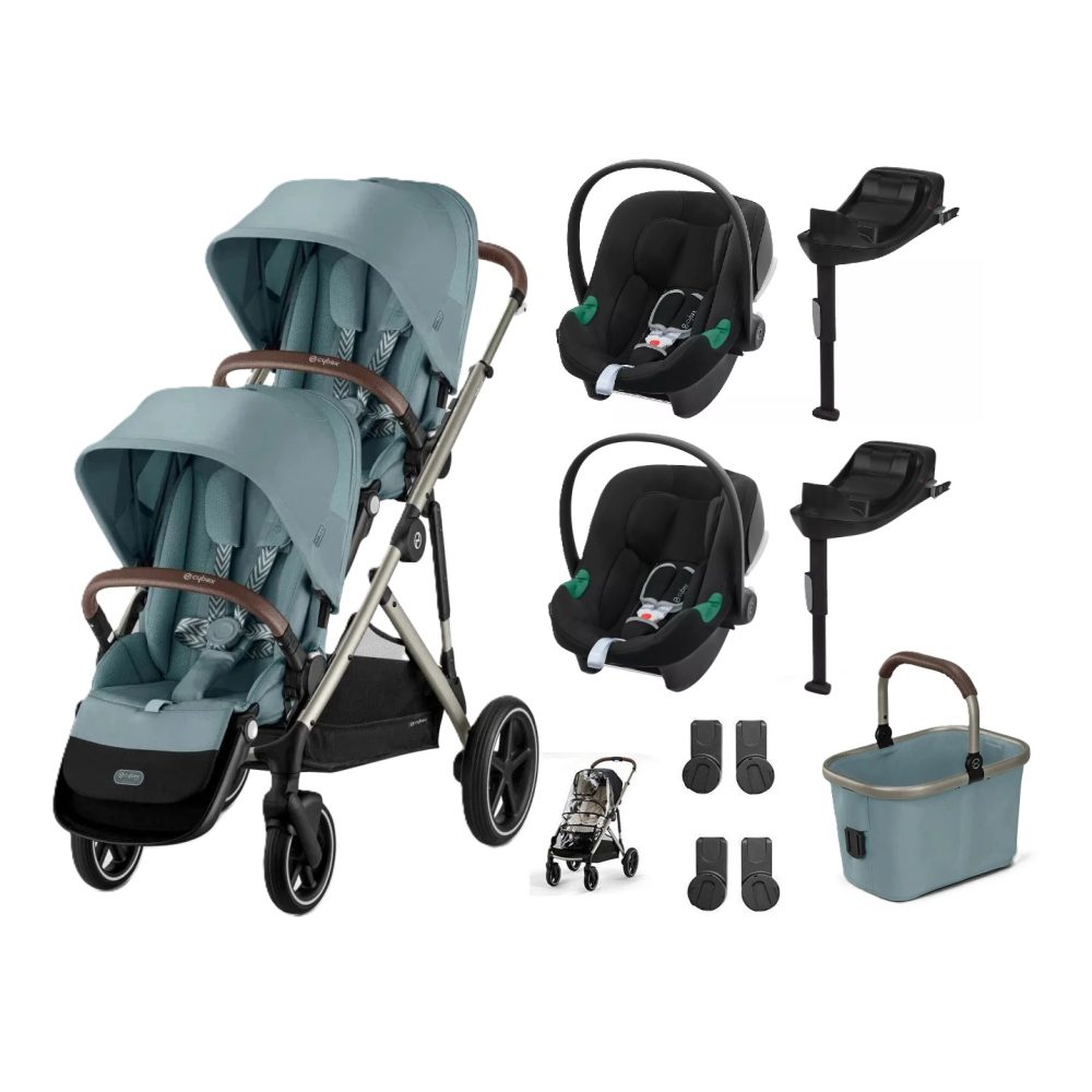 Cybex Gazelle S Twin Pushchair Sky Blue with Car Seats and Bases