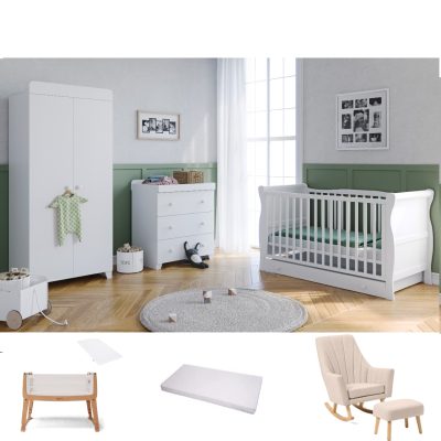 The Lydford Sleigh Cot Bed 7 Piece Nursery Room Set with Underdrawer - White